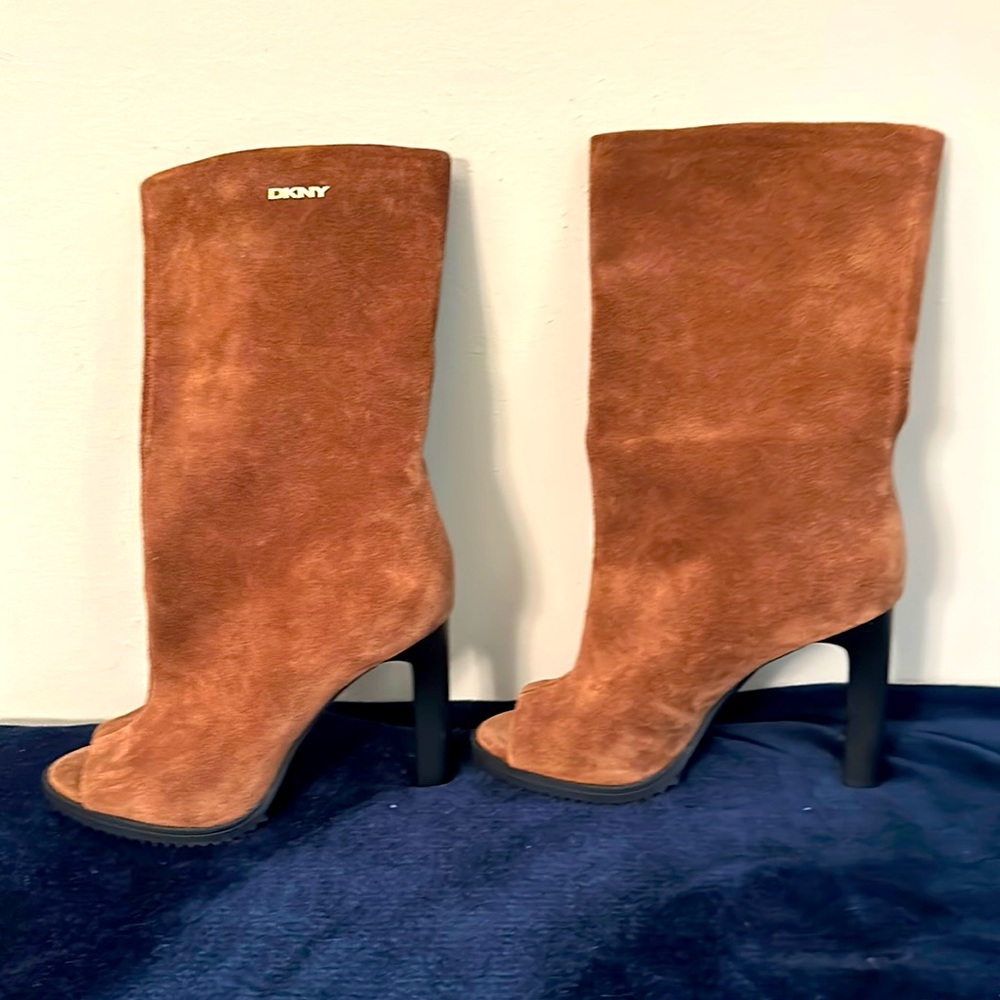 New Cognac Suede Peep Toe Booties